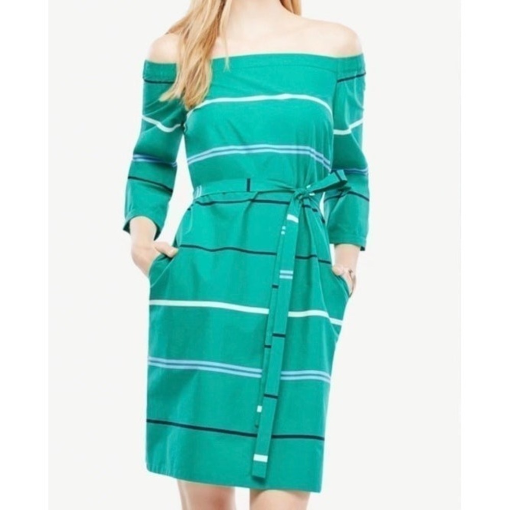 Ann Taylor off the shoulder poplin dress with belt and pockets